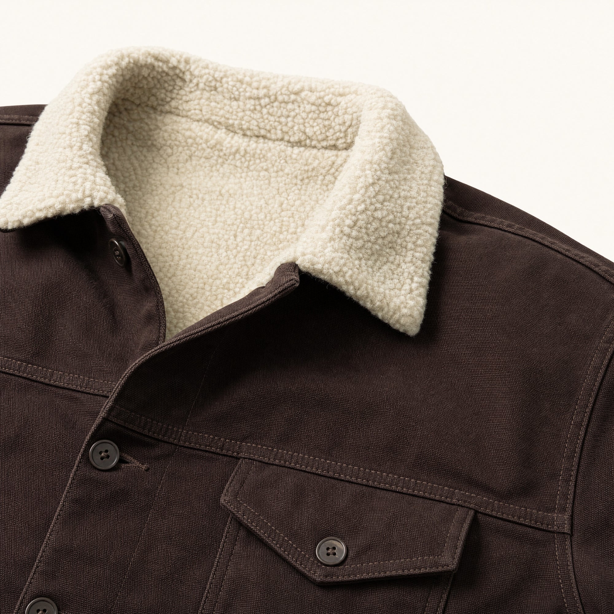 The Alder Men's Sherpa-Lined Canvas Jacket in Espresso Brown, detail close-up