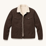 The Alder Men's Sherpa-Lined Canvas Jacket in Espresso Brown, front flat lay