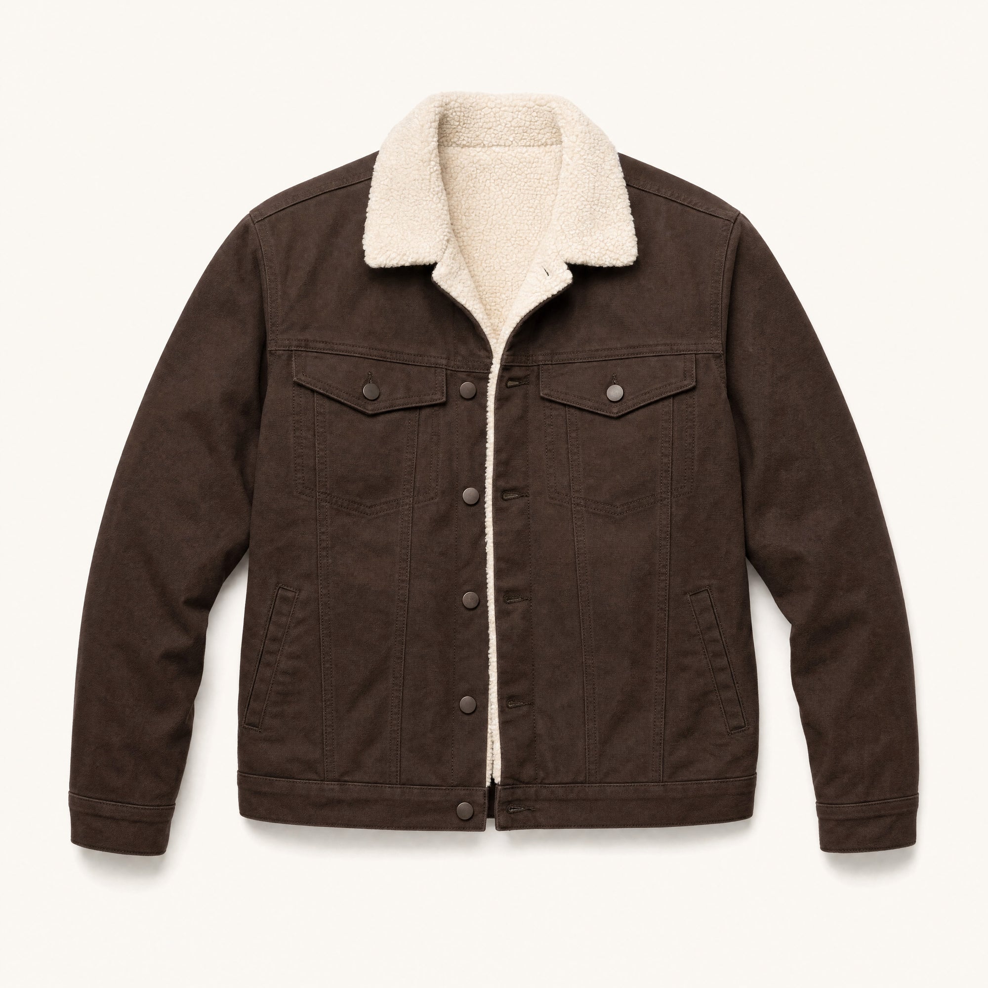 The Alder Men's Sherpa-Lined Canvas Jacket in Espresso Brown, front flat lay