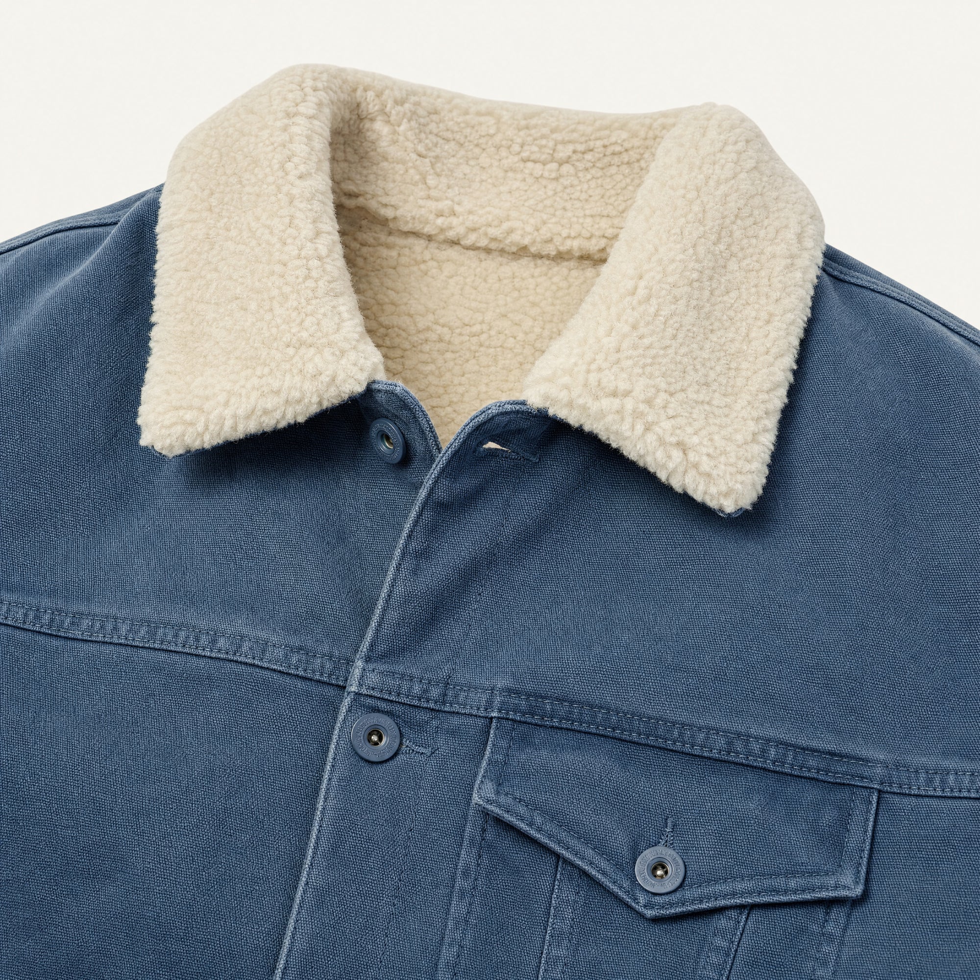 The Alder Men's Sherpa-Lined Canvas Jacket in Slate Blue, detail close-up