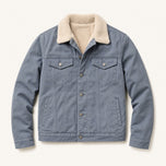 The Alder Men's Sherpa-Lined Canvas Jacket in Slate Blue, front flat lay