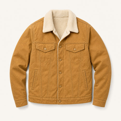 The Alder Men's Sherpa-Lined Canvas Jacket in Duck Tan, front flat lay