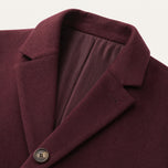 The Banner Men's Wool-Blend Overcoat in Deep Burgundy, detail close-up