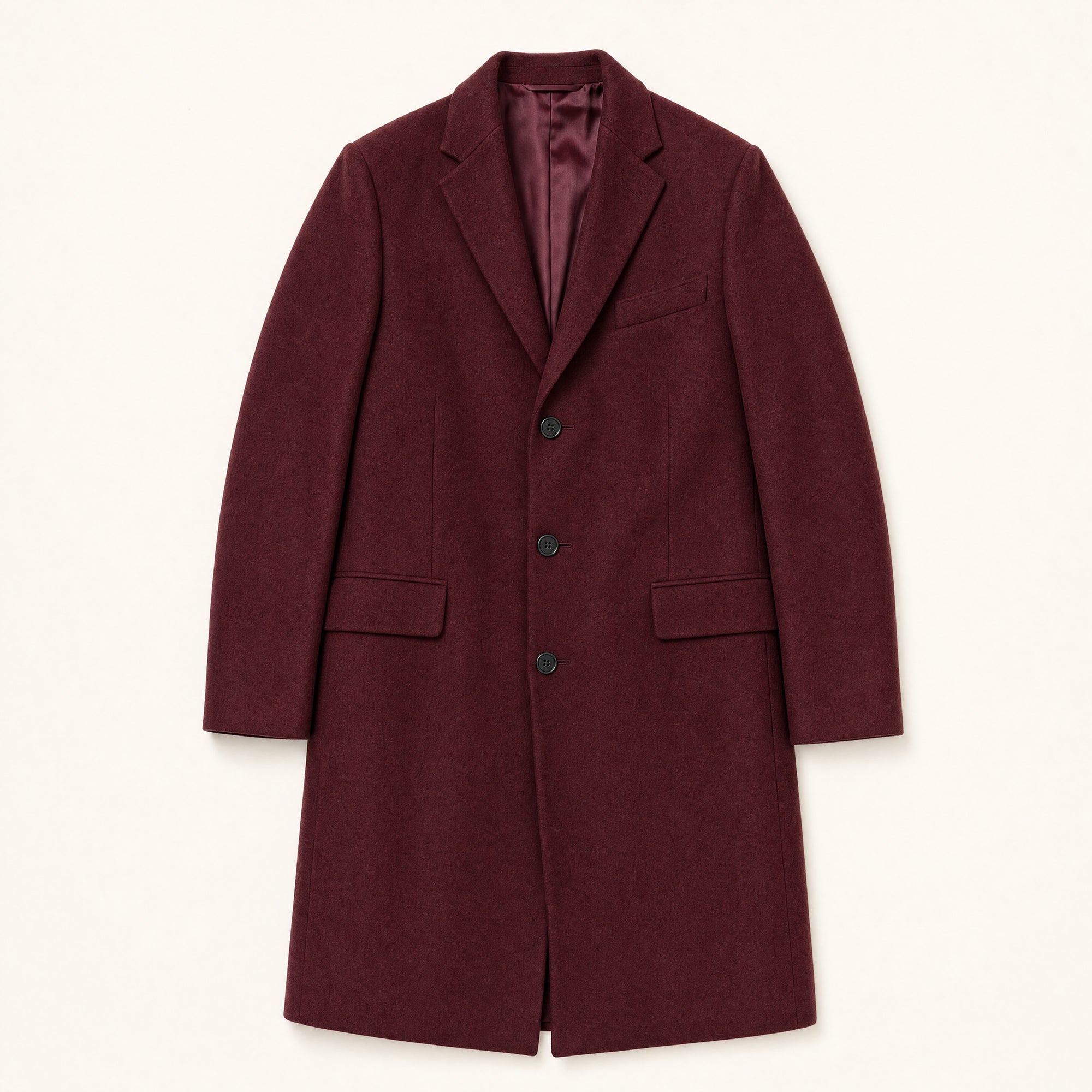 The Banner Men's Wool-Blend Overcoat in Deep Burgundy, front flat lay