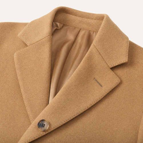 The Banner Men's Wool-Blend Overcoat in Camel, detail close-up