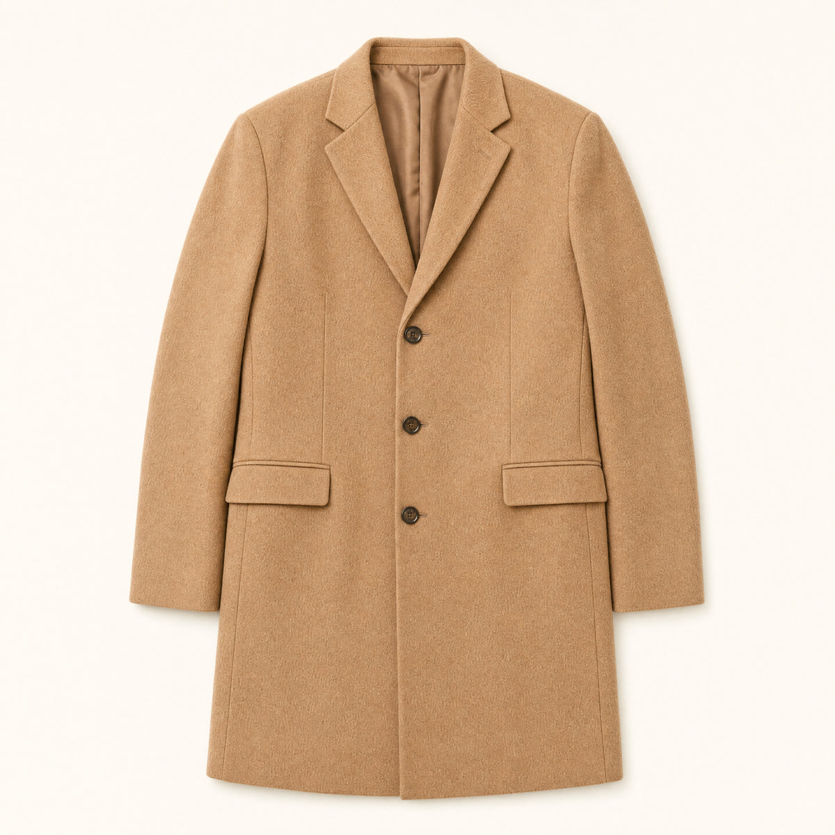 The Banner Men's Wool-Blend Overcoat in Camel, front flat lay
