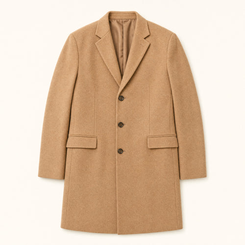 The Banner Men's Wool-Blend Overcoat in Camel, front flat lay