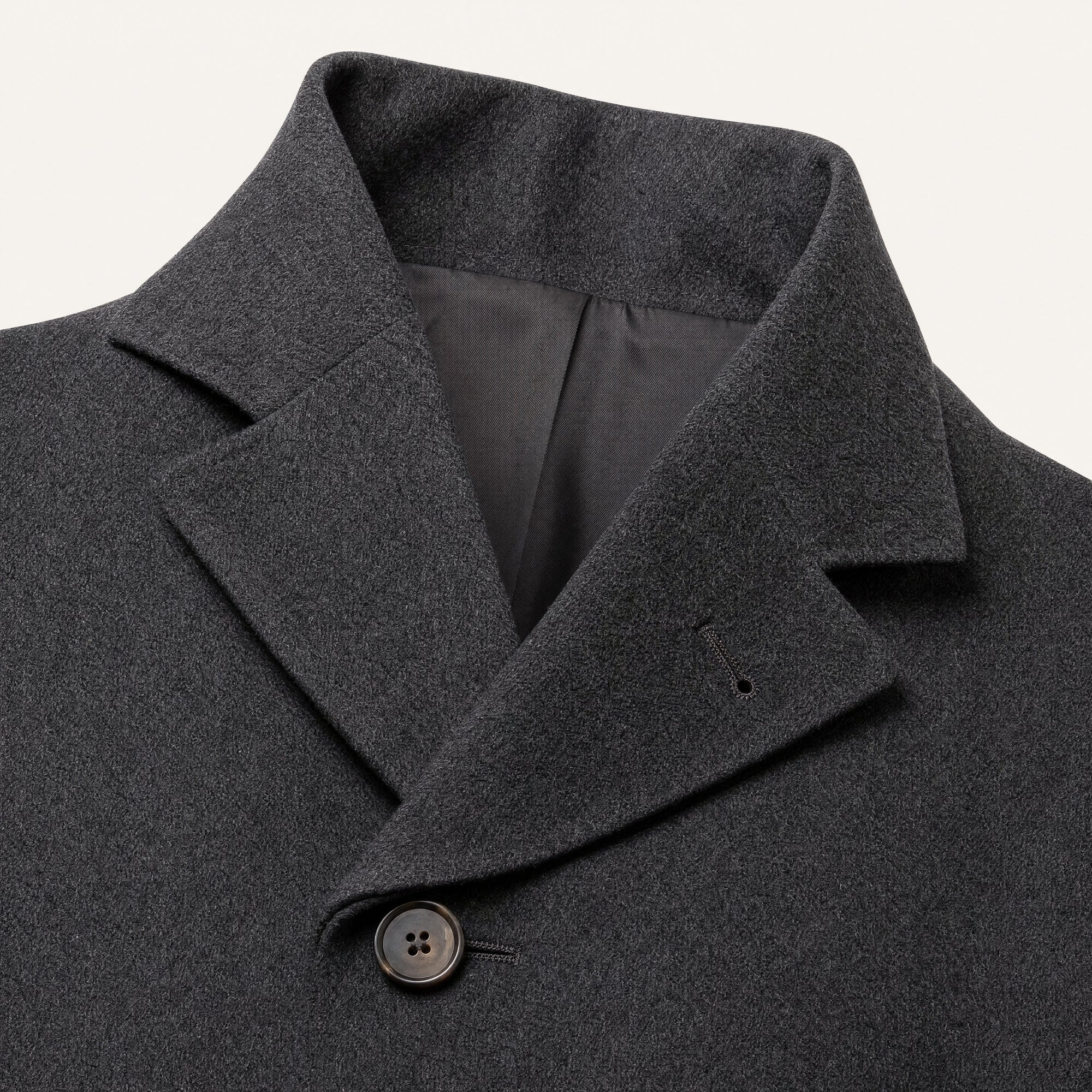 The Banner Men's Wool-Blend Overcoat in Charcoal, detail close-up