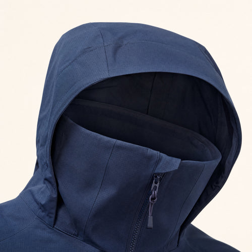 The Gale Men's Lightweight Hooded Shell Jacket in Storm Navy, detail close-up