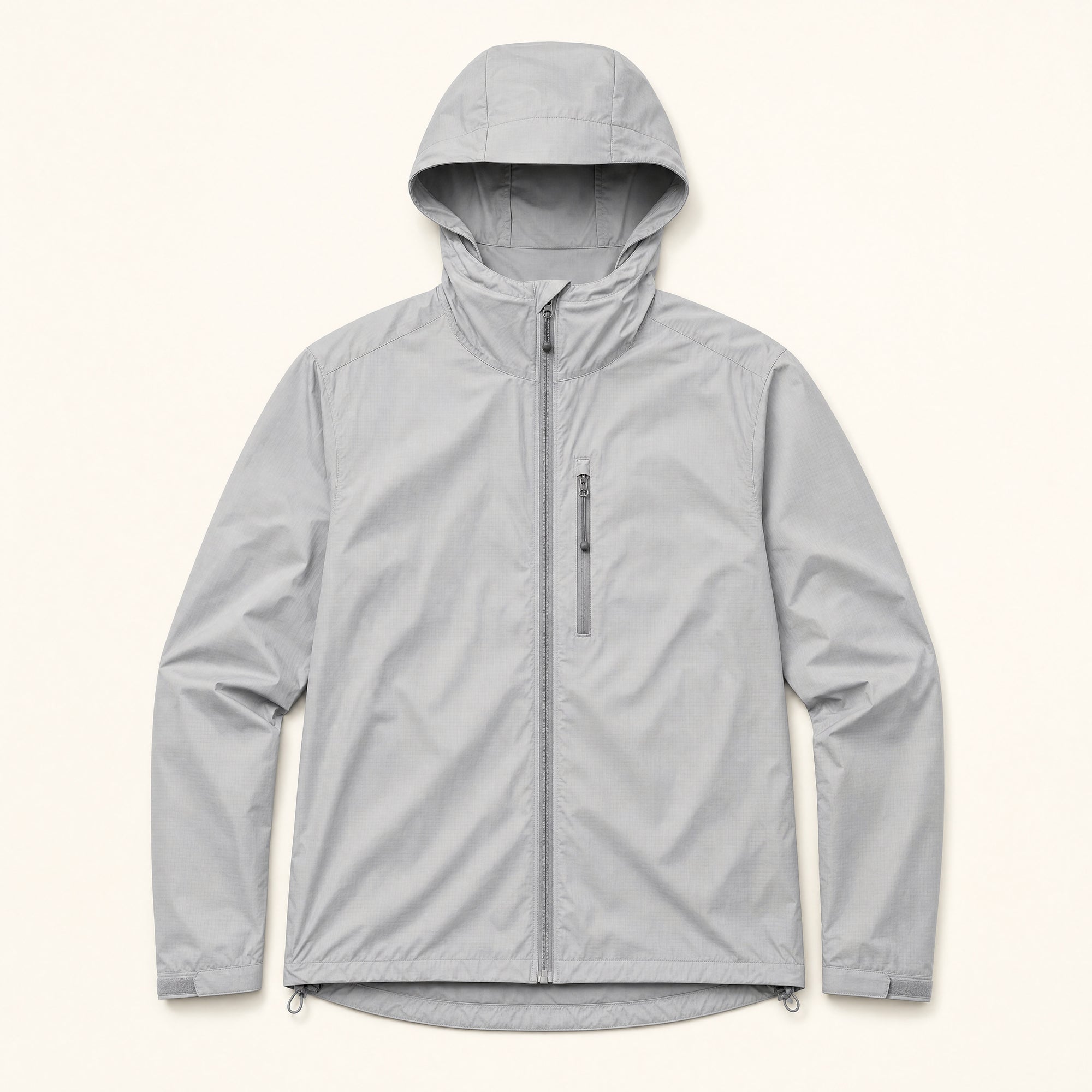 The Gale Men's Lightweight Hooded Shell Jacket in Silver Grey, front flat lay