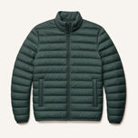 The Treeline Men's Quilted Puffer Jacket in Pine Green, front flat lay