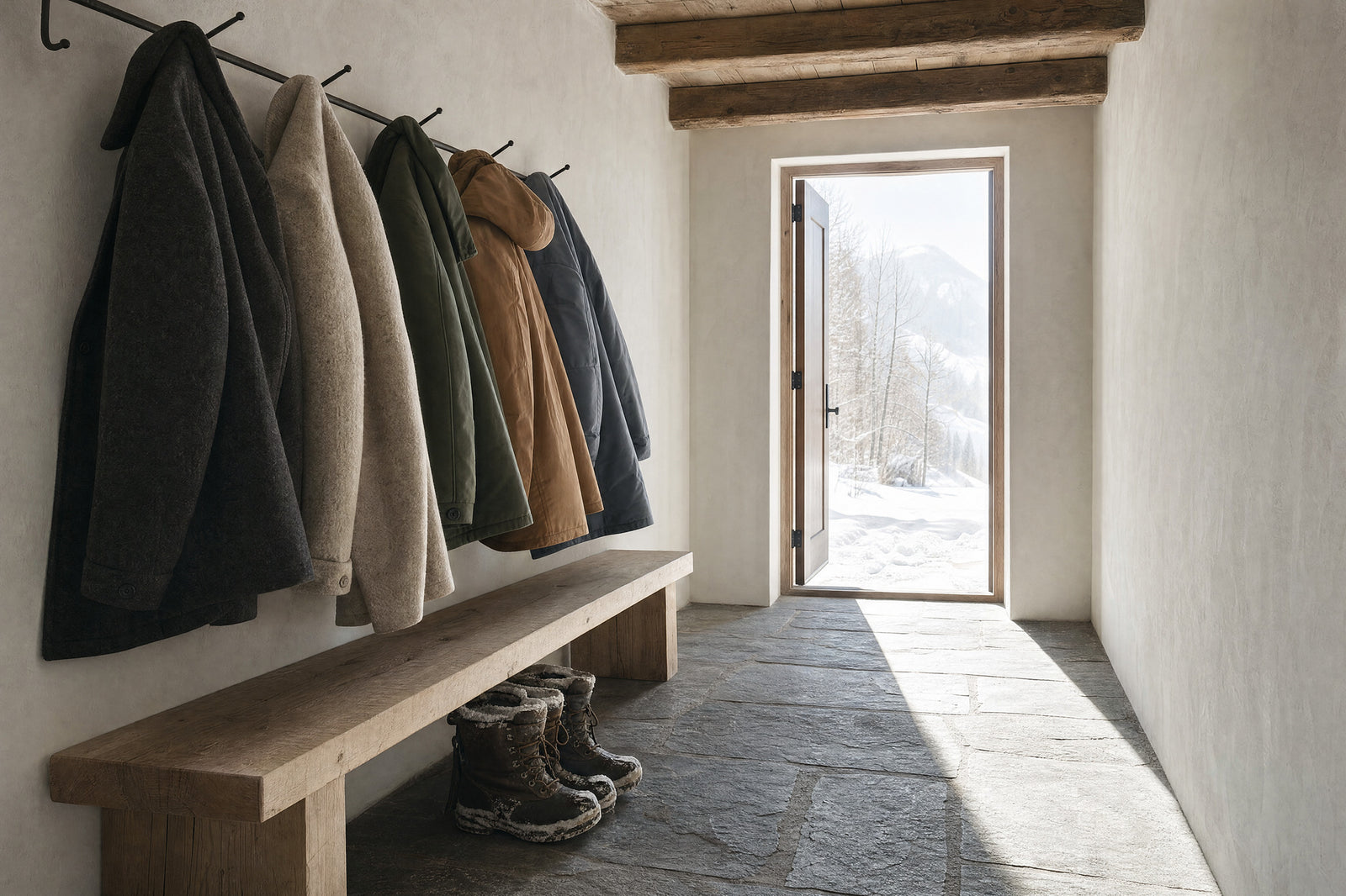 A folded jacket on a wooden table beside a window