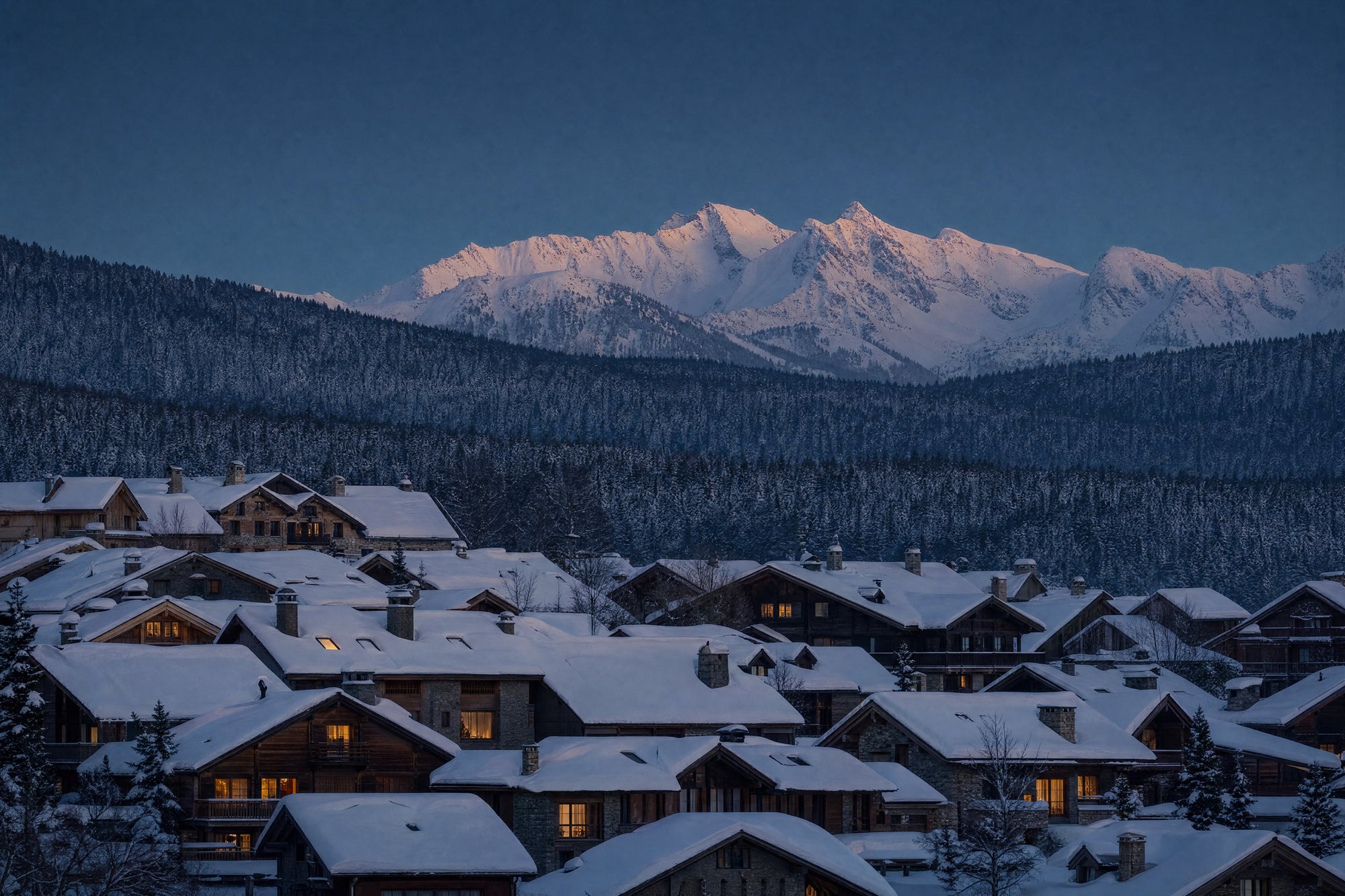 Winter morning light over a small mountain town