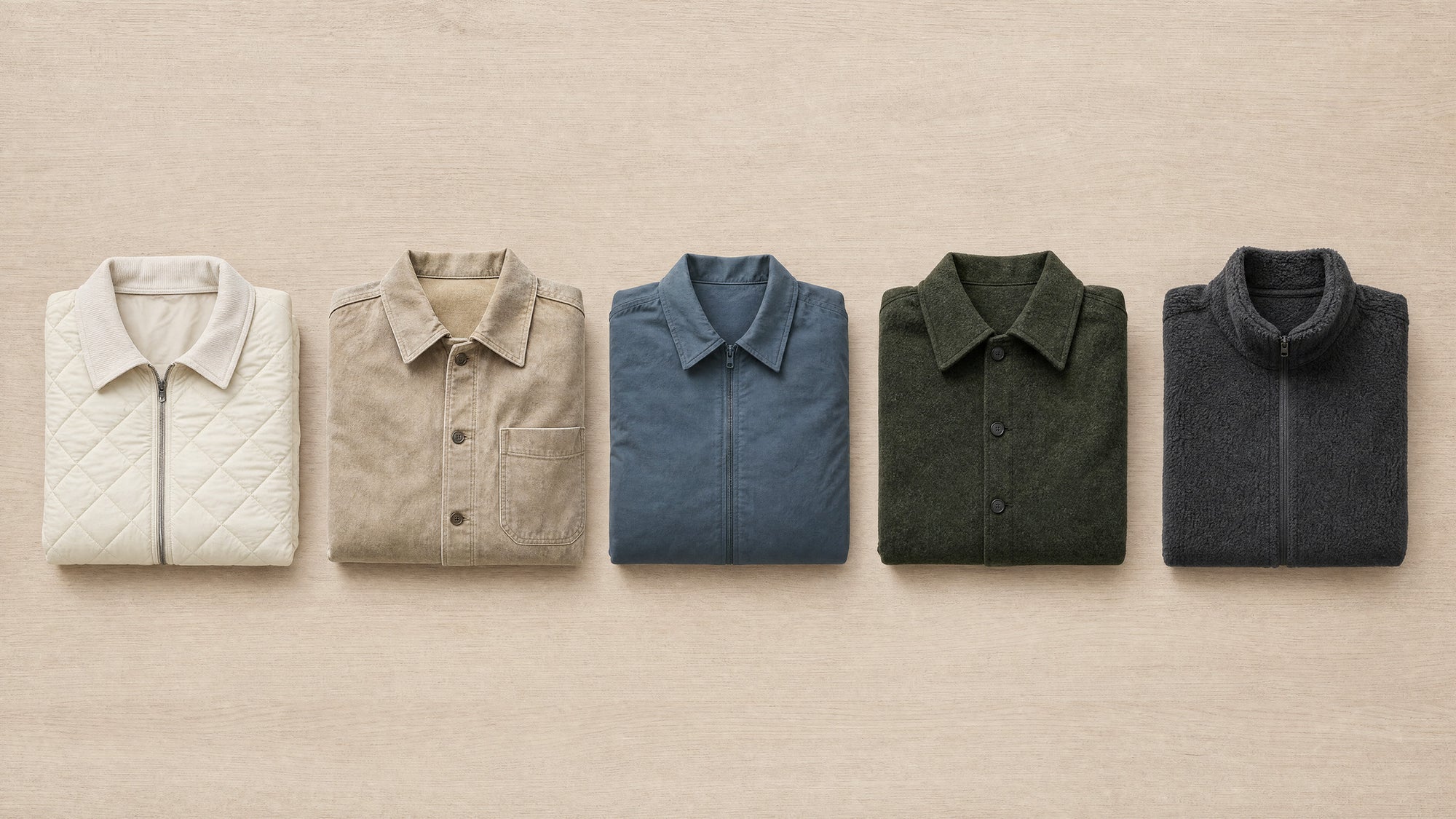 Five folded jackets laid out in a tonal row on pale oak