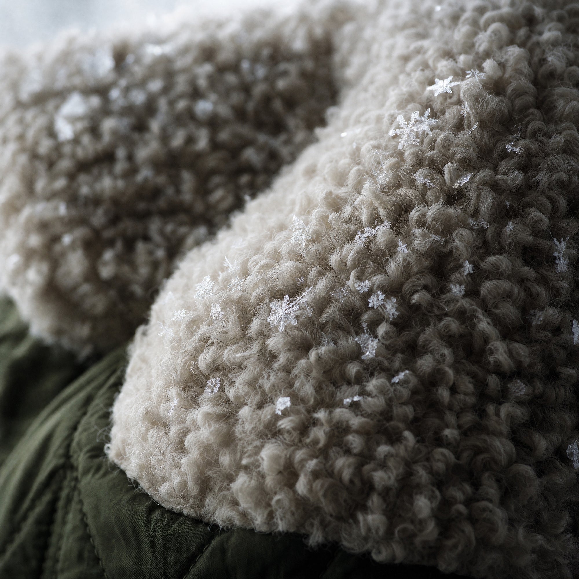 Close view of a shearling collar with snowflakes on a winter jacket
