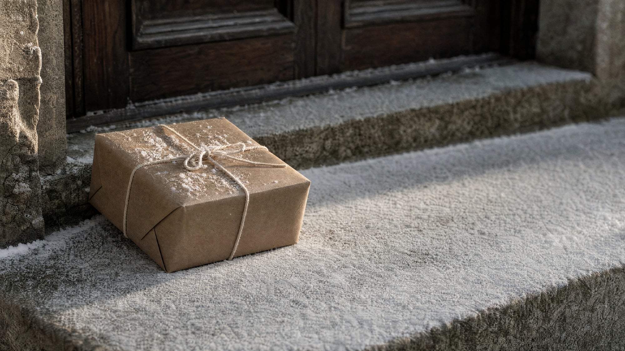 A wrapped parcel on a snowy porch step, open space on the left